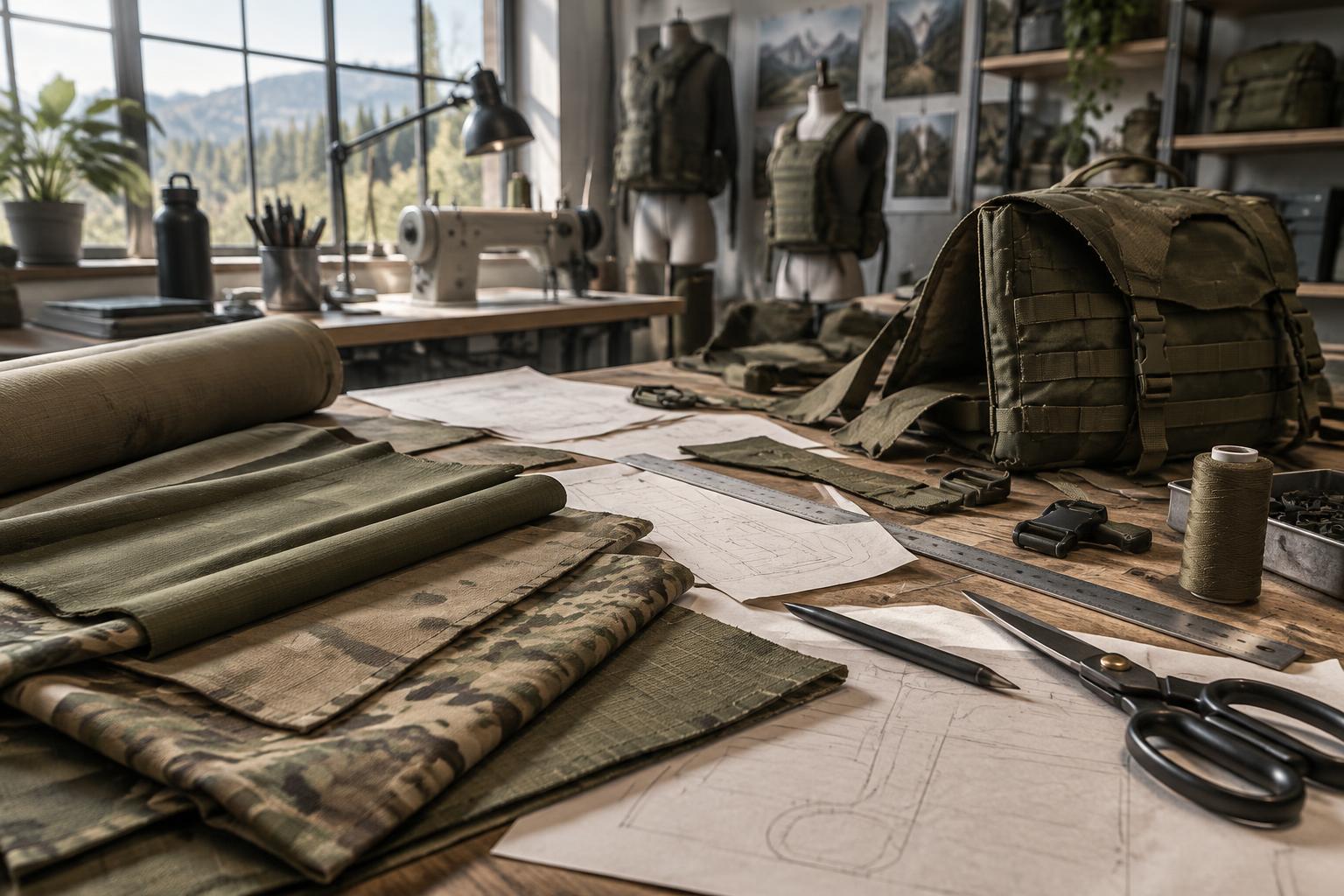 Trailblazer design studio with camouflage fabric swatches and patterns