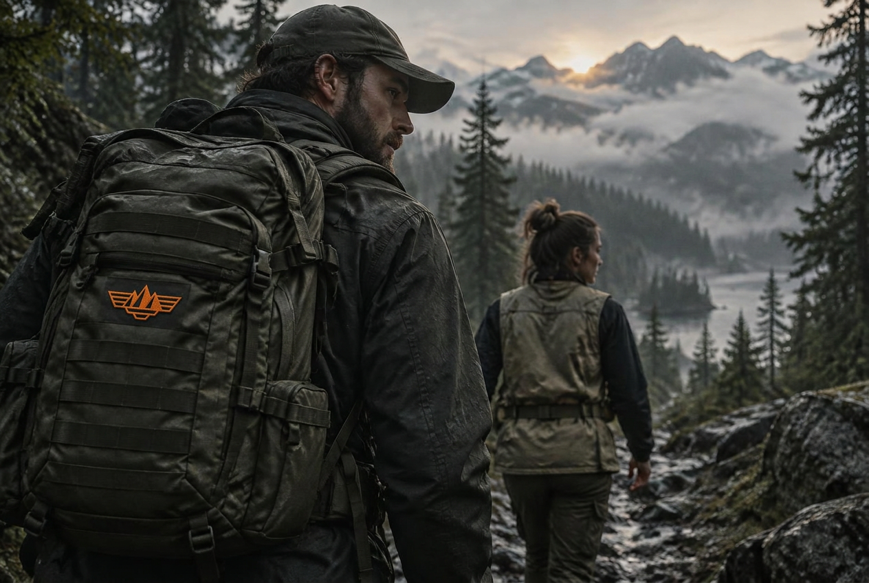 Hikers on a forest trail carrying Trailblazer gear